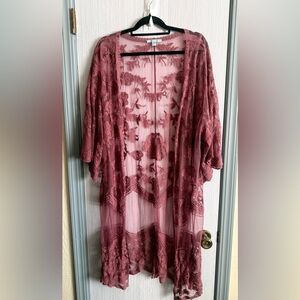 She + Sky Mauve Pink Lace Embroidered Open Front Kimono Cardigan S/M